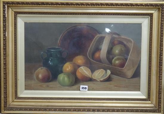 English School (20th century) Still life with a basket of fruit 30 x 51cm